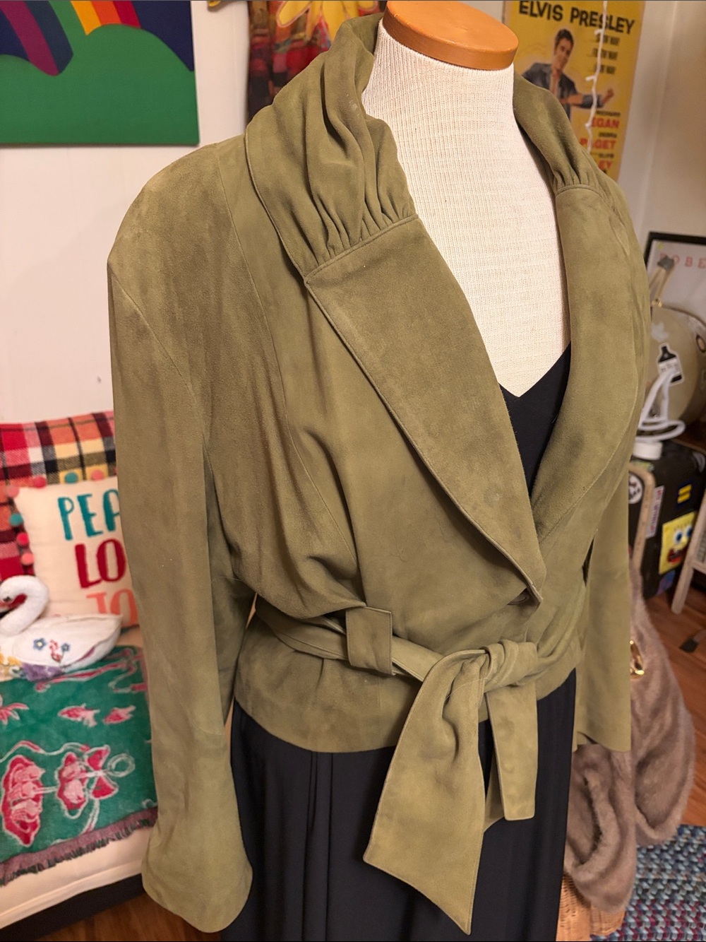 Olive Suede Leather Tie-Belt Blazer Jacket